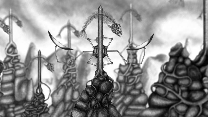 screen shot from Foodstuffs of pencil drawn fish bone grinding automaton